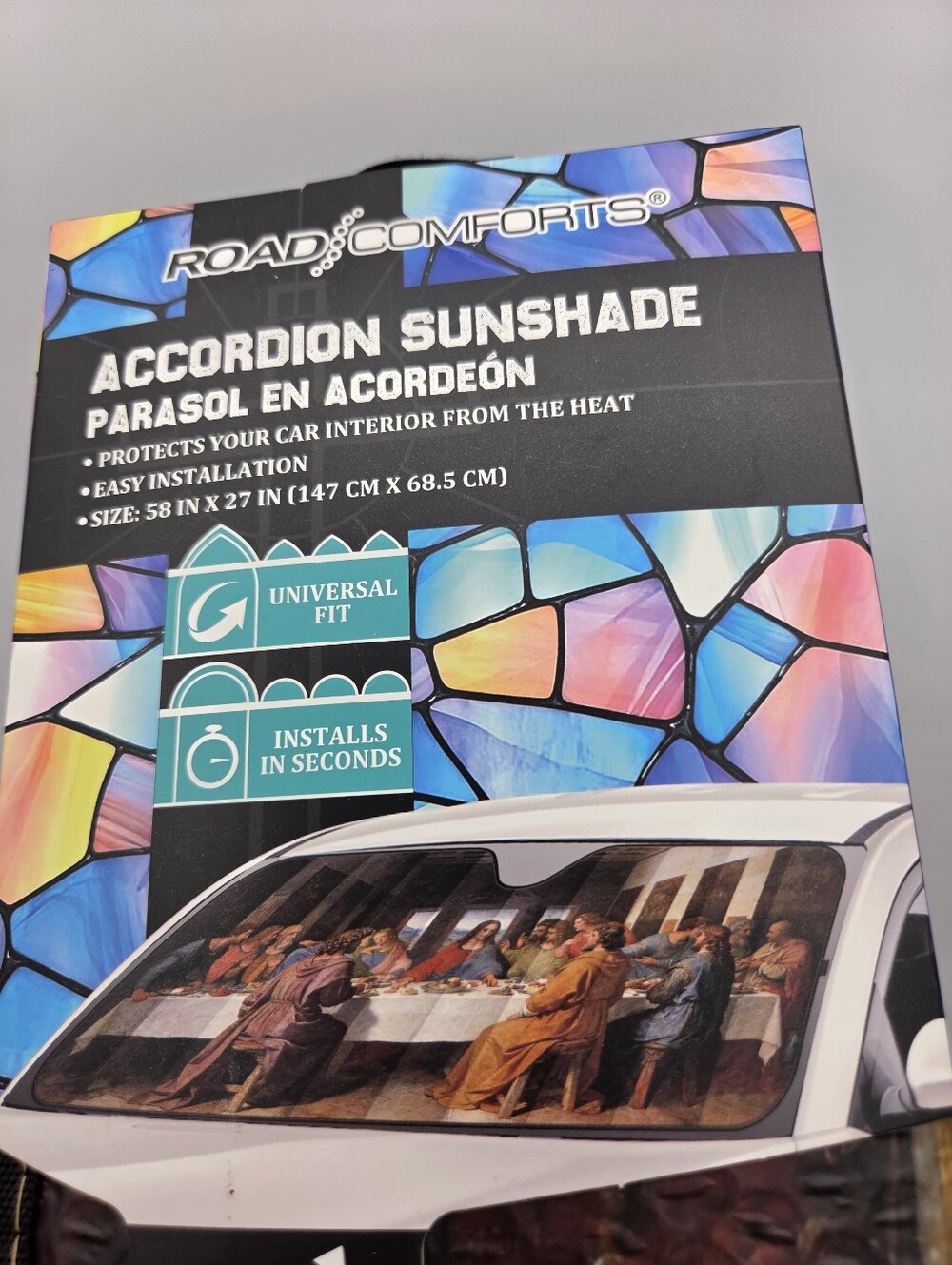 Rare Road Comforts Accordion Sunshade - Multicolor Stained Glass Design